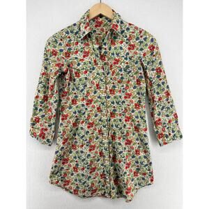 THEORY Dress 2 Floral Pearl Snap Front Shirtdress 3/4 Sleeve Cotton Green USA